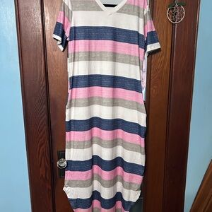 Striped V-Neck Dress in Pink, Blue, and Gray